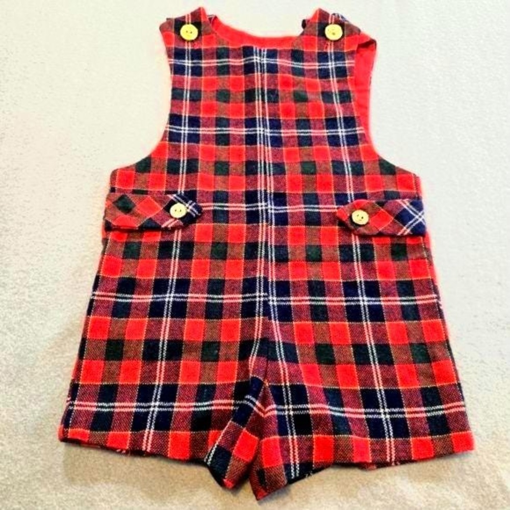 Good Lad Plaid Romper Kids Size 3T Red Navy Wool Blend Vintage Gold Buttons
